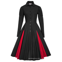 Belle Poque Retro Vintage Style victorien à manches longues Collier contrasté Couleur Black Swing Dress BP000366-1